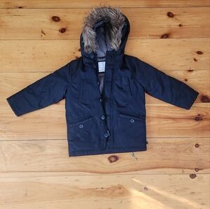 GAP Gray Puffer Jacket with Faux Fur Hood